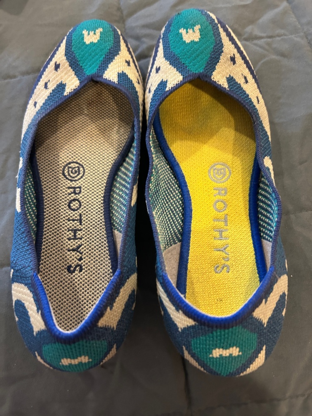 Rothy's Blue and Teal Patterned Knit Ballet Flats